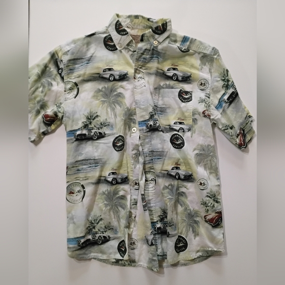 Chevy Corvette Mens‎ Button Up Shirt Large Retro Car Palm Beach Graphic Print - Picture 1 of 9